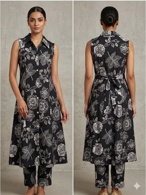 Pink and Black Ikat Print Sleeveless Shirt 2 pc Dress size -S